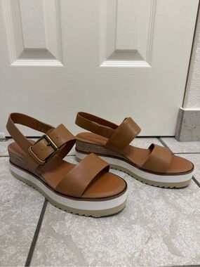 Lucky Brand Tebra Tan Platform Wedge Sandals with Gold Buckle